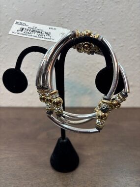 Nine West Two-Tone Gold and Silver Beaded Hoop Bracelet Set